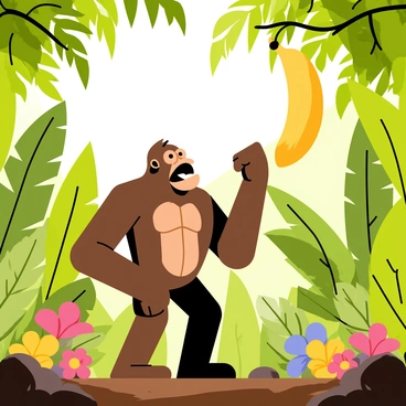 A muscular gorilla with brown fur stands on two legs in a vibrant green jungle. The gorilla, resembling "Donkey Kong," looks excited as it gazes up at a massive yellow banana hanging from a tall tree branch. The banana is oversized and glistening, capturing the light filtering through the dense foliage above. Surrounding the gorilla are large, leafy plants and colorful tropical flowers, creating a lively atmosphere. The ground is covered with dark brown soil and scattered rocks, adding texture to the jungle floor.