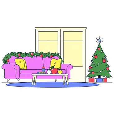 A cozy living room with warm, soft lighting. The room features a plush, comfortable sofa adorned with cherry-patterned cushions. Above the sofa, a garland made of lush green leaves and bright red cherries drapes across the mantelpiece. On the coffee table, there is a festive arrangement of cherry-themed ornaments, including shiny red baubles and small cherry figurines. A small Christmas tree in the corner is decorated with cherry-shaped ornaments and twinkling lights, creating a cheerful holiday atmosphere.