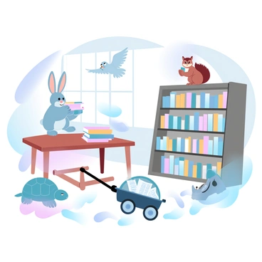 A team of animals organizing books in a whimsical library