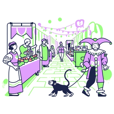 A jester is walking through a medieval market, holding a leash attached to a mischievous pet monkey. The jester is dressed in a vibrant outfit adorned with colorful patterns and bells that jingle as he moves. The monkey is playful, swinging from side to side, its tail curled with excitement. Surrounding them are market stalls filled with various goods, such as fruits, pottery, and textiles. Shoppers in medieval attire are browsing the stalls, some laughing at the antics of the jester and monkey. A cobblestone path leads deeper into the market, with banners fluttering overhead in the gentle breeze.