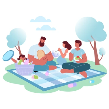 A family is gathered on a colorful picnic blanket spread out on the grass in a sunny park. The father is sitting with a large sandwich in hand, while the mother is preparing a bowl of fresh fruit. Two children are playing nearby with a frisbee, their laughter filling the air. A picnic basket overflowing with snacks and drinks sits beside them. Several trees can be seen in the background, providing shade and contributing to the lively atmosphere of the scene.
