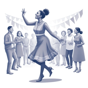 An African woman is dancing with joy in the midst of a festival. She wears traditional attire that reflects her culture, with intricate patterns and embellishments. The background features a variety of decorations, including banners and streamers that create a festive atmosphere. Surrounding her are smiling faces of people celebrating, each engaged in the lively spirit of the event. The scene captures the energy and vibrancy of the festival as she gracefully moves to the rhythm of the music.