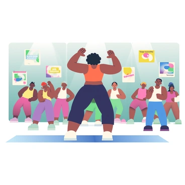 A woman with dark skin and curly hair is standing at the front of a fitness studio in a community center, energetically leading the session. She is wearing a bright orange tank top and black leggings, demonstrating a stretching exercise with her arms raised high. In front of her, a diverse group of participants, including individuals of various ages and body types, is following her lead. Some are stretching while others are doing jumping jacks, all with focused expressions. The walls of the studio are mirrored, reflecting the lively atmosphere, and colorful motivational posters are hanging on the walls, featuring phrases like "Stay Active!" and "Keep Moving!"