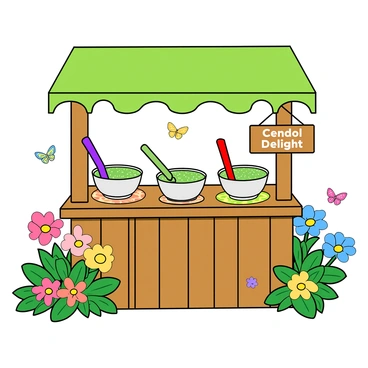 A colorful cendol dessert stand made of wood, featuring a bright green awning. The stand displays a variety of cendol bowls, each filled with green rice flour jelly, coconut milk, and palm sugar syrup. Tiny decorative plates and colorful spoons are arranged around the stand. Surrounding the stand are vibrant blooming spring flowers in shades of pink, yellow, and blue, with lush green leaves adding to the lively scene. Butterflies in various colors flutter nearby, while a small sign hanging from the stand reads "Cendol Delight" in playful lettering.