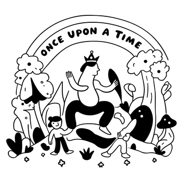 A whimsical landscape featuring a vibrant array of beans, each with distinct characteristics. One large bean wearing a crown sits on a throne made of leaves, while smaller beans dance joyfully around it. In the background, oversized flowers and towering mushroom-like structures create a fantastical environment. The ground is dotted with sparkling jewels that reflect the light, and a rainbow arches overhead. The words "Once Upon a Time" are elegantly displayed above the scene.