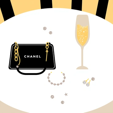 An elegant evening table set with a polished white tablecloth. On the table, there is a classic black "Chanel" bag with a gold chain strap resting beside a tall, slender glass of champagne filled with bubbly liquid. Scattered around the table are various pieces of sparkling jewelry, including a shimmering diamond necklace and a pair of glittering earrings, reflecting the soft light. The overall composition radiates luxury and sophistication.