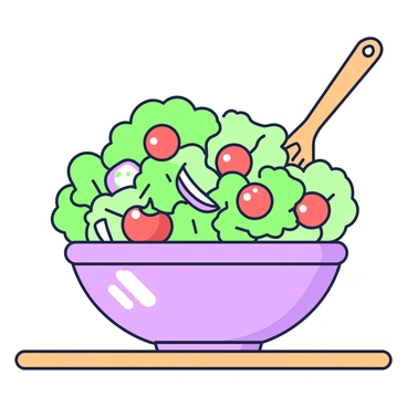 A large salad bowl filled with mixed greens sits on a wooden table. The greens include various leafy types, creating a layered look. Scattered throughout the salad are several halved cherry tomatoes, their glossy surfaces reflecting light. Alongside the tomatoes, slices of colorful vegetables such as bell peppers and cucumbers add contrast. A few slivers of purple onion are interspersed among the greens, adding texture. A wooden salad serving spoon rests against the side of the bowl.