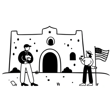 A soldier in a military uniform stands at the entrance of the Alamo, holding a letter in one hand and a small token in the other. The soldier looks towards a loved one, who is slightly turned away, with a wistful expression. The stone facade of the Alamo looms in the background, detailed with its weathered texture. An American flag is positioned nearby, fluttering gently in the wind. The ground is dusty, with a few scattered pebbles and tufts of grass. The scene captures a moment of departure, conveying a sense of farewell and longing.