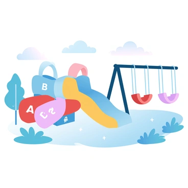 A colorful playground featuring slides and swings that are designed in the shapes of different letters of the alphabet. Each slide has a unique letter carved into its side, with vibrant hues of blue, red, and yellow. The swings are suspended from sturdy frames, each resembling various letters, swaying gently in the breeze. Surrounding the playground are grassy areas and a few scattered trees that add to the lively atmosphere. A clear sky stretches above, creating a bright backdrop for the playful scene.