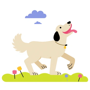 A cartoon-style illustration of a dog with fluffy fur barking joyfully. The dog has its mouth open wide, showing its tongue hanging out. Its tail is wagging energetically, and its ears are perked up. The background is a bright green grass field, with a few colorful flowers scattered around. A vibrant blue sky with fluffy white clouds is visible above, adding to the cheerful atmosphere.