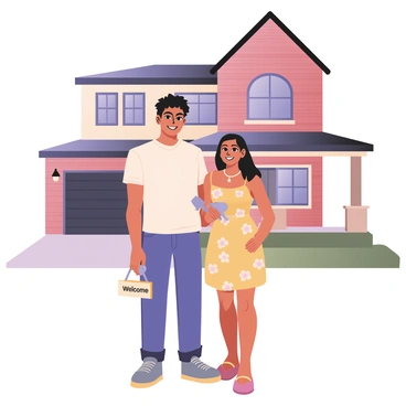 A man and a woman standing together in front of a newly built house. The man is on the left, has light brown skin, short curly hair, and is wearing a white t-shirt and blue jeans. He is smiling and holding a set of silver keys in his right hand. The woman is on the right, has medium skin and long straight black hair, and is wearing a yellow sundress with floral patterns. She is also smiling and holding the keys in her left hand. The house behind them is modern, with red brick and large windows, and there is a well-manicured lawn in front. A "Welcome Home" sign is attached to the front porch.