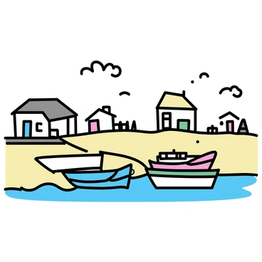 A quaint fishing village with small, vibrant boats in various colors, including blue, red, and green, docked along a sandy shore. The boats are tied to a wooden pier, and a few fishing nets are draped over the sides. In the background, there are simple, whitewashed cottages with thatched roofs and small gardens. Seagulls are flying above the water, and gentle waves are lapping at the shore. The sky is clear with a few fluffy clouds scattered above.