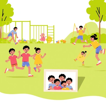 Children joyfully playing in a park, illustrated around an old family photo.