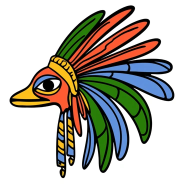 A resplendent Aztec headdress featuring intricate designs. It is adorned with shining gold elements and vibrant, colorful feathers. The headdress is large and dramatic, with layers of feathers in shades of red, blue, and green flowing elegantly. The gold accents catch the light, adding to the richness of the overall appearance. The background is a simple neutral color to emphasize the details of the headdress.