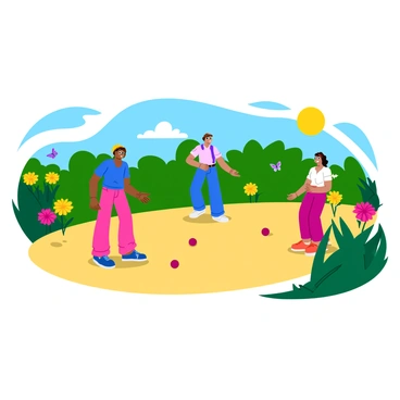 A vibrant garden filled with a variety of colorful flowers and lush green shrubs. In the center of the garden, a group of four players is engaged in a leisurely petanque game. Two players, a man and a woman, are standing on one side of a sandy court, while the other two players are preparing to throw their boules. The players are dressed in casual summer clothing, with bright colors that complement the garden's scenery. The sun is shining overhead, casting playful shadows on the ground. A few butterflies flutter around the flowers, adding to the cheerful atmosphere.