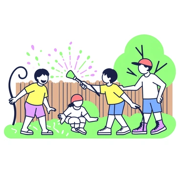 Kids playing with a hose that sprays colorful slime in a backyard.