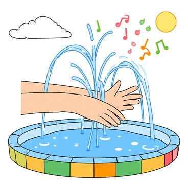 A pair of hands with light skin is being washed in a whimsical fountain. The fountain has a playful design, with colorful tiles and a variety of shapes. Water flows from several spouts, creating arcs and splashes that seem to dance in the air. Each splash generates colorful musical notes that float upward, with some notes depicted as bright, whimsical symbols. The background features a sunny day with fluffy white clouds, enhancing the cheerful atmosphere. The hands are open, and the water glistens as it cascades over them, creating a sparkling effect.