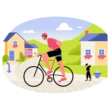 A cyclist on a road bike is pedaling through a picturesque European village. The cyclist wears a bright red helmet and a matching jersey, with black shorts. The road is cobbled and lined with charming, colorful houses adorned with flower boxes filled with blooming flowers. In the background, there are rolling green hills and a clear blue sky with fluffy white clouds. A small fountain with flowing water is visible on the side of the road, and a couple of pedestrians can be seen enjoying the beautiful day. The scene captures the essence of cycling through a serene village landscape.