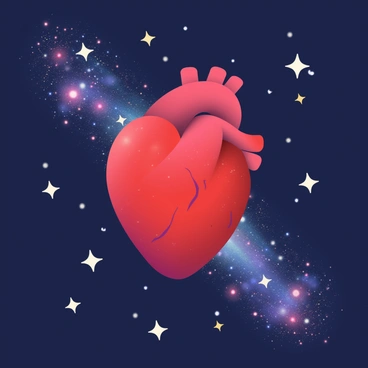 A realistic human heart is floating gracefully in the vastness of space. The heart is depicted in rich red tones, with detailed textures visible on its surface. Surrounding the heart are twinkling stars, varying in size and brightness, scattered across a deep dark background. Multicolored galaxies are swirling around, showcasing vibrant blues, purples, and pinks that contrast with the heart's color. The overall scene captures the heart's isolation among the cosmic elements, emphasizing its intricate details against the expansive celestial environment.
