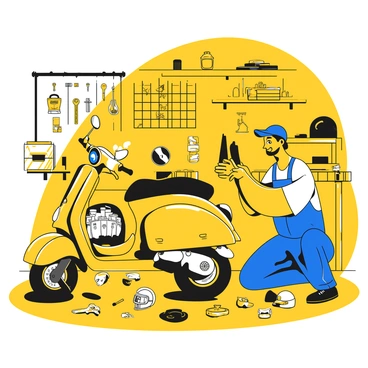 A mechanic tinkering with a moped in a garage filled with tools and spare parts