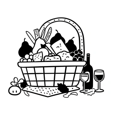 A gourmet fruit and cheese basket set for a wine tasting