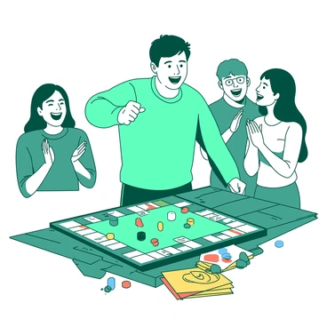 A teal player is standing up and performing a fist pump in celebration of winning a game of Monopoly. The player has a wide smile, showing excitement. In front of the player, the Monopoly board is spread out on a wooden table, with colorful game pieces scattered across it. There are stacks of yellow and orange currency notes and a few property cards neatly arranged next to the board. Behind the player, a group of friends is cheering and clapping, sharing in the joy of the moment.