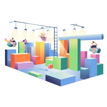 An indoor parkour gym is filled with numerous colorful structures designed for flipping, jumping, and climbing. There are large foam blocks in vibrant shades of blue, green, and orange scattered throughout the space. A set of tall vertical walls painted in bright colors provide surfaces for climbing. In one corner, a long balance beam stretches across, while a series of horizontal bars are installed at different heights for swinging. The gym floor is covered in a soft, cushioned material for safety, and bright spotlights illuminate the entire area, highlighting the various elements. A few individuals are captured mid-action, demonstrating their skills on the different obstacles.