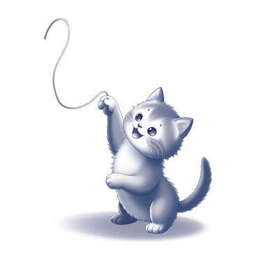 A fluffy kitten is positioned on a soft, textured surface. The kitten has a round face, large eyes, and a thick coat of fur that appears voluminous. It is playfully batting at a long string that hangs from above. The string dangles enticingly, swaying slightly as the kitten makes contact. The kitten's paw is raised, with its claws slightly extended, emphasizing its excitement and curiosity. The scene captures the playful energy of the kitten as it interacts with the string, embodying a moment of joy and innocence.