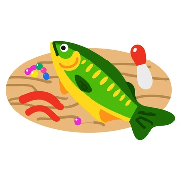 A close-up illustration of various fishing tackle items arranged on a textured wooden surface. There is a vibrant pike fish lure, featuring bright green and yellow scales with shiny silver hooks, positioned prominently. Surrounding the lure are several colorful bait options, including red worms, small shiny pellets, and a few brightly colored soft plastic grubs. A couple of bobbers in red and white are placed nearby, adding to the assortment. The overall composition captures the details and textures of each item, highlighting their importance in fishing.
