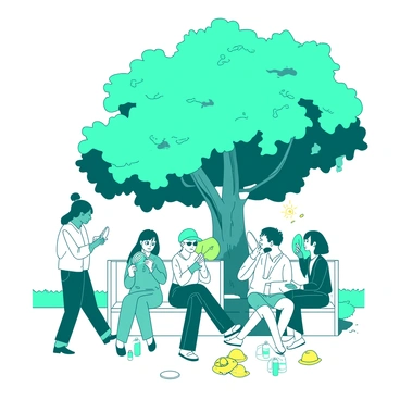 A group of city dwellers is gathered under a large teal tree, seeking shade and relief from the bright sun during a sweltering heatwave. Some individuals are sitting on a white bench, fanning themselves with small paper fans, while others are standing with their hands shielding their faces from the harsh sunlight. A few have bottles of water in their hands, and there are scattered bright yellow sun hats on the ground near them. The scene captures the vibrant energy of the city while illustrating the discomfort of the heat.