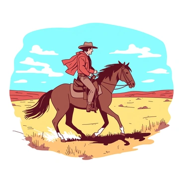A vibrant scene depicts "Sam Houston" riding a powerful horse at full gallop across an expansive open prairie. The horse's mane flows gracefully in the wind, showcasing its strength and speed. "Sam Houston" is dressed in period-appropriate attire, including a wide-brimmed hat and a rugged coat, as he confidently navigates the rolling landscape. The prairie is dotted with patches of tall grass swaying gently, and the horizon stretches far into the distance beneath a wide, blue sky filled with a few airy clouds.