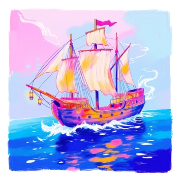 A ghost ship with tattered sails is sailing through a misty sea. The ship has a weathered wooden hull and ornate carvings along the sides. Glowing lanterns hang from the masts, casting a soft light into the fog. The sea is calm, with gentle waves lapping against the ship's sides. Wisps of mist curl around the ship, creating an ethereal atmosphere. The horizon is barely visible through the dense fog, adding to the mysterious setting.