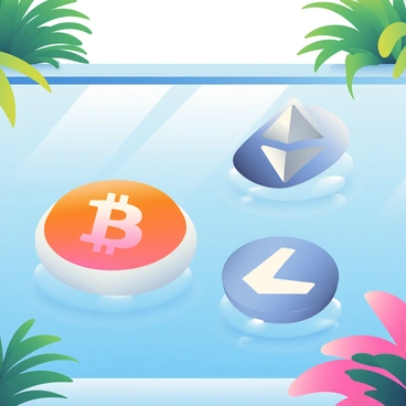 A clear blue pool of water is visible, reflecting the sunlight. Floating on the surface are various cryptocurrency symbols designed as colorful inflatable devices. The Bitcoin symbol is a bright orange float, the Ethereum symbol is a sleek silver design, and the Litecoin symbol is in a shimmering white color. Each symbol gently bobs on the water, creating a playful scene. Surrounding the pool are lush green plants, adding a tropical feel to the setting.