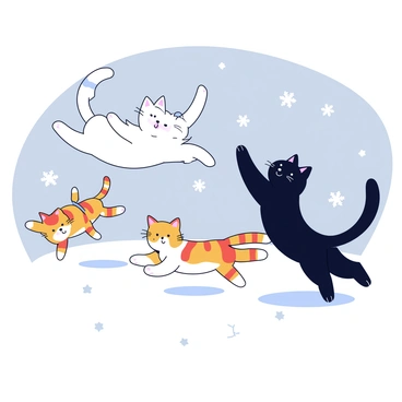 Three playful cats frolic in a snowy landscape. One cat is a fluffy white Persian with bright blue eyes, leaping through the snow. Another cat is a sleek black cat chasing after a snowflake, its tail held high. The third cat is a playful tabby with orange stripes, rolling over in the snow with its paws in the air. Snowflakes gently fall from the gray sky, creating a serene atmosphere. The ground is covered in a thick layer of soft, sparkling snow.