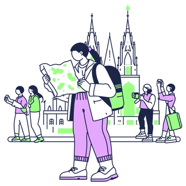 A girl wearing a light jacket and comfortable travel pants is standing in front of a famous landmark. She has a backpack slung over one shoulder, and her hair is tied back in a ponytail. In her hands, she holds a folded map that she is examining closely. The landmark behind her features intricate architectural details and has notable elements like tall spires or arches. There are tourists in the background, capturing photos of the landmark. The scene conveys a sense of adventure and exploration.