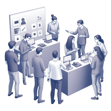A vibrant scene at a tech fair filled with people. Groups of friends are gathered around various booths, engaging in conversations while trading gadgets and electronics. One group is examining a sleek laptop, while another is showcasing a high-quality camera. Stalls are adorned with various gadgets, from smartwatches to gaming consoles. Attendees are animated, with some holding devices up for inspection. The fair is alive with energy as people interact and exchange ideas about the latest technology.