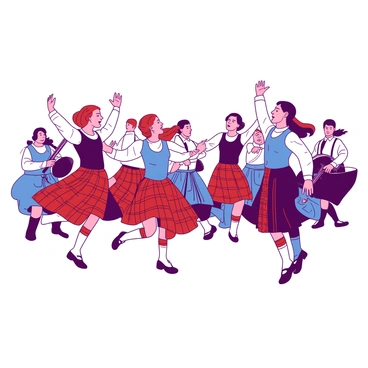 A vibrant scene depicting a traditional Scottish dance performance. A group of dancers is in mid-motion, showcasing their intricate footwork and lively expressions. Each dancer wears a distinctive costume featuring a variety of tartans in shades of red and blue. The dancers' arms are raised, and their skirts and kilts swirl dynamically as they leap and twirl in unison. In the background, a few musicians are playing traditional instruments, contributing to the energetic atmosphere of the performance. The overall composition emphasizes the movement and rhythm of the dance.