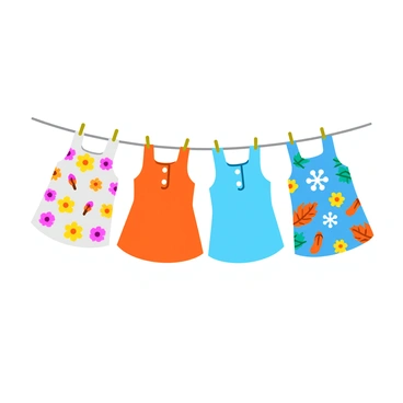 A series of four buttoned mini dresses representing each season hung across a clothesline. The first dress is light and floral, showcasing bright colors of spring, with yellow and pink flowers. The second dress is a warm, earthy tone with leaf patterns, embodying the season of autumn. The third dress is a cool, icy blue color with snowflake designs, symbolizing winter. The final dress represents summer, featuring vibrant tropical patterns with palm trees and bright colors like orange and turquoise. Each dress has buttons down the front and is gently swaying in a light breeze.