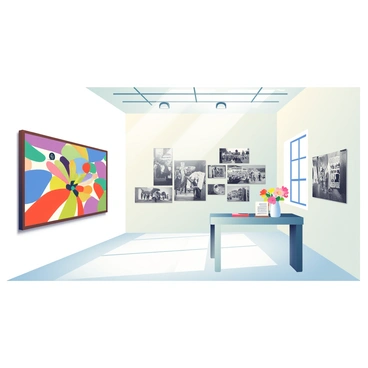 A spacious gallery is filled with various paintings and photographs of the Berlin Wall. The walls are painted a soft white, allowing the artwork to stand out. To the left, a large, framed painting depicts a colorful mural on the wall, featuring vivid colors and abstract shapes. In the center, a series of black-and-white photographs captures moments in history, showcasing people interacting with the wall. Some photographs depict the wall covered in graffiti, while others show significant events. On the right, a small artist's statement is displayed on a tabletop with a vase containing fresh flowers, adding a touch of life to the space. Soft, natural light streams in through large windows, illuminating the artwork and creating a warm atmosphere.
