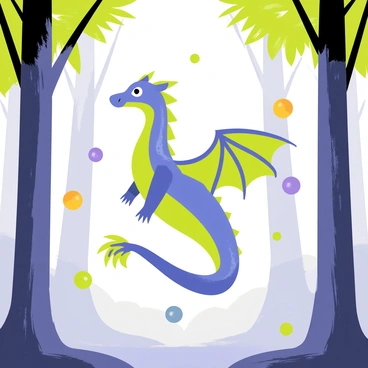 A dragon with shimmering scales of blue and green is soaring through a misty forest. The dragon has large wings that glimmer with a faint light, reflecting the surrounding hues of the foliage. The mist envelops the ground, creating a mystical atmosphere. Surrounding the dragon are several floating orbs of various colors, including purple, gold, and teal, each emitting a soft glow. Tall trees with thick trunks and vibrant leaves frame the scene, while soft beams of light filter through the canopy above, adding to the magical feel of the forest.