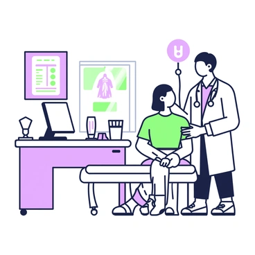 A doctor with short hair is standing next to a patient seated on an examination table in a medical office. The doctor is wearing a white coat and holding a stethoscope with one hand while using the other hand to check the patient’s pulse. The patient is dressed in a casual shirt and appears relaxed while sitting in a comfortable position. The office is equipped with medical charts hanging on the walls, a desk in the corner with a computer, and a small window allowing light to enter the room. A medical kit is visible on the desk, and an anatomical model of a human body is placed on a shelf nearby.