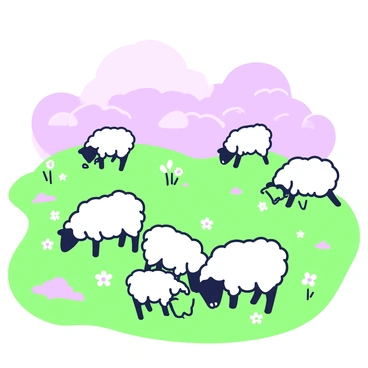 A flock of sheep is grazing on a vast area of lush pastures. The sheep are varied in size and have soft, fluffy wool. Some sheep are clustered closely together while others are spread out, nibbling on the grass. The pastures are dotted with patches of wildflowers. Above them, a cloudy sky fills the background, with different shades of gray creating a sense of depth. The entire scene is vibrant, depicting a tranquil rural landscape.