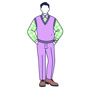 A person is dressed in a preppy outfit featuring a plaid-patterned shirt with shades of green and purple. Over the shirt, there is a fitted sweater vest in a solid color. The individual wears tailored trousers that complement the ensemble. A distinct bow tie in a vibrant pattern is neatly tied around their collar. The outfit is completed with polished dress shoes and a watch visible on their wrist. The background shows a soft, neutral-toned environment to highlight the outfit's details.