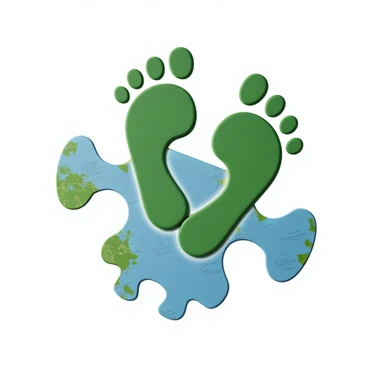 A puzzle piece shaped like a carbon footprint, featuring shades of green and blue to represent environmental themes. It has a textured surface that resembles the patterns found in nature. The puzzle piece is fitting snugly into a world map, which is detailed with various geographical features such as mountains, rivers, and continents. The world map is displayed on a flat surface, showcasing a blend of colors representing different countries.