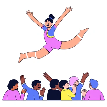 A gymnast in a dynamic pose is leaping through the air with arms extended and legs gracefully tucked. The gymnast is wearing a colorful leotard that contrasts against the background. Below, a cheering crowd is depicted, with individuals clapping and raising their hands in excitement. The audience is shown in simple, abstract forms with various colors to represent the diversity of the spectators.