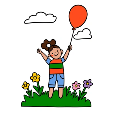 A child with light skin and curly brown hair is standing in a grassy field, holding a single bright red balloon high above their head. The child is wearing a colorful striped t-shirt and denim shorts. Surrounding them are a variety of flowers in different colors, including yellow, pink, and purple, blooming amidst the vibrant green grass. The sky is clear with a few fluffy white clouds scattered above. The scene captures a moment of joy and innocence.