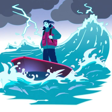 A lone figure stands on a small, rocking boat amidst towering waves. The character has a determined expression, with hair whipping around their face due to the fierce winds. Dark clouds loom overhead, with flashes of lightning illuminating the scene. Water splashes around the boat, creating dynamic splashes as the storm rages on. The character is wearing a rugged waterproof jacket, gripping the boat's edge tightly. In the background, the turbulent sea churns violently, reflecting shades of deep blue and green.