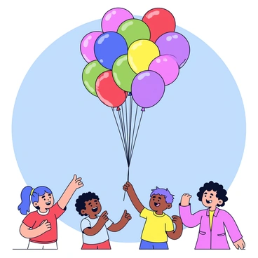 A cluster of colorful balloons in various shades of red, blue, yellow, green, and purple. The balloons are round and slightly translucent, with some reflecting sunlight. They are floating high in a clear blue sky, creating a cheerful atmosphere. Below, a group of children with bright clothing is looking up, their faces filled with excitement and wonder. One child is reaching out, trying to touch a balloon, while others are pointing and smiling at the sight.
