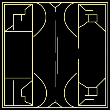 A geometric art deco pattern featuring intricate shapes and lines in gold against a black background. The design includes symmetrical motifs and repeating elements, emphasizing sharp angles and curves. The gold accents shine brightly, creating a contrast with the deep black areas, highlighting the elegance of the art deco style.