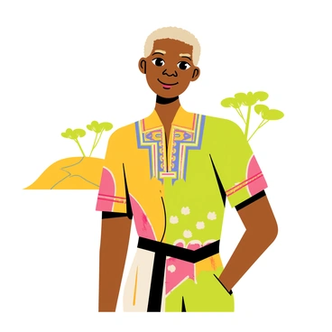 A young Nelson Mandela is depicted wearing a colorful traditional South African outfit. He has a patterned shirt with vibrant colors, featuring intricate designs that reflect the culture. Mandela's hair is short and curly, adding to his youthful appearance. He stands confidently with a slight smile, showcasing a sense of pride. In the background, there are hints of African landscapes, such as rolling hills and acacia trees, framing the scene. The overall composition conveys a sense of heritage and strength.